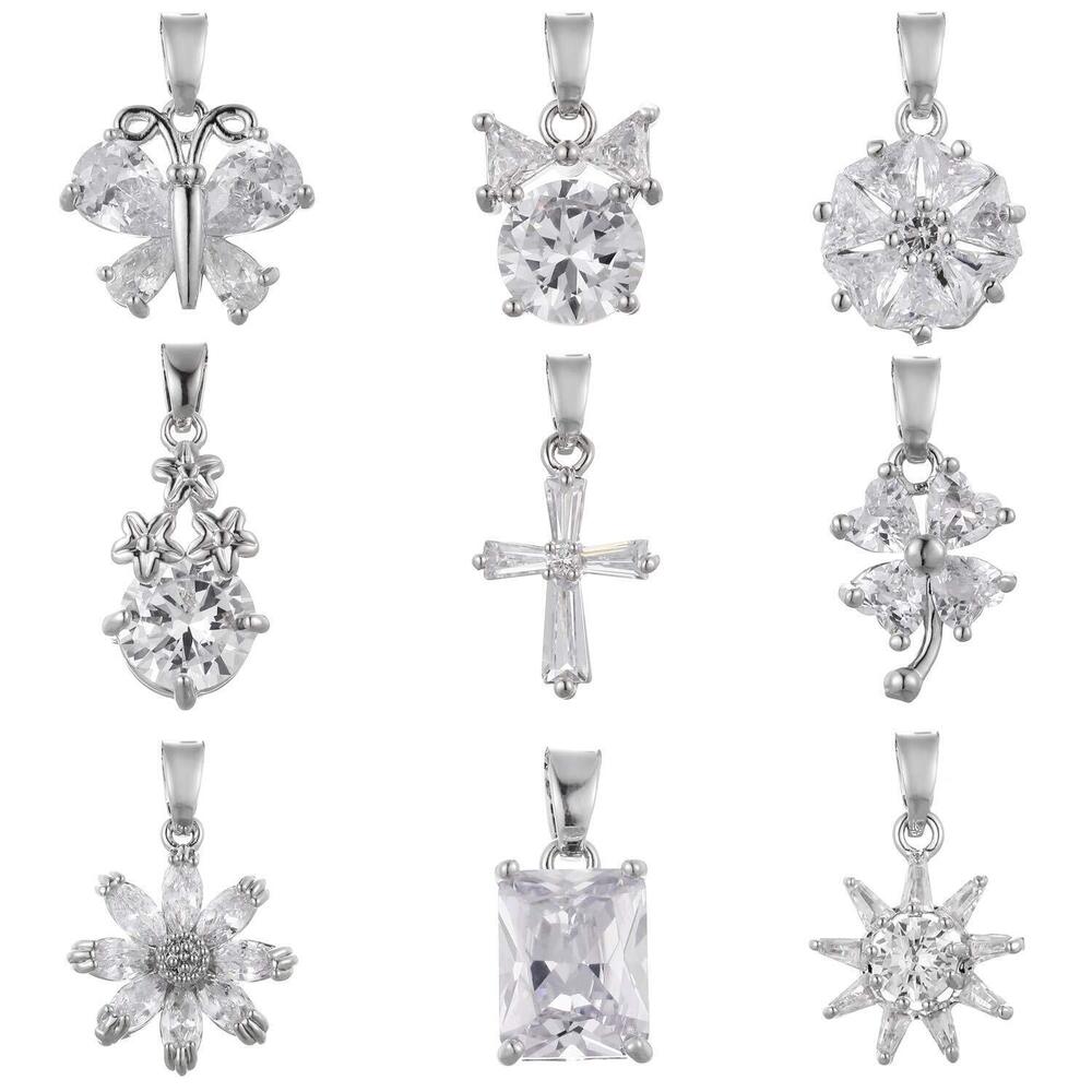 9879 9pcs Cubic Zirconia Pendant, Flower Teardrop Cross Butterfly CZ